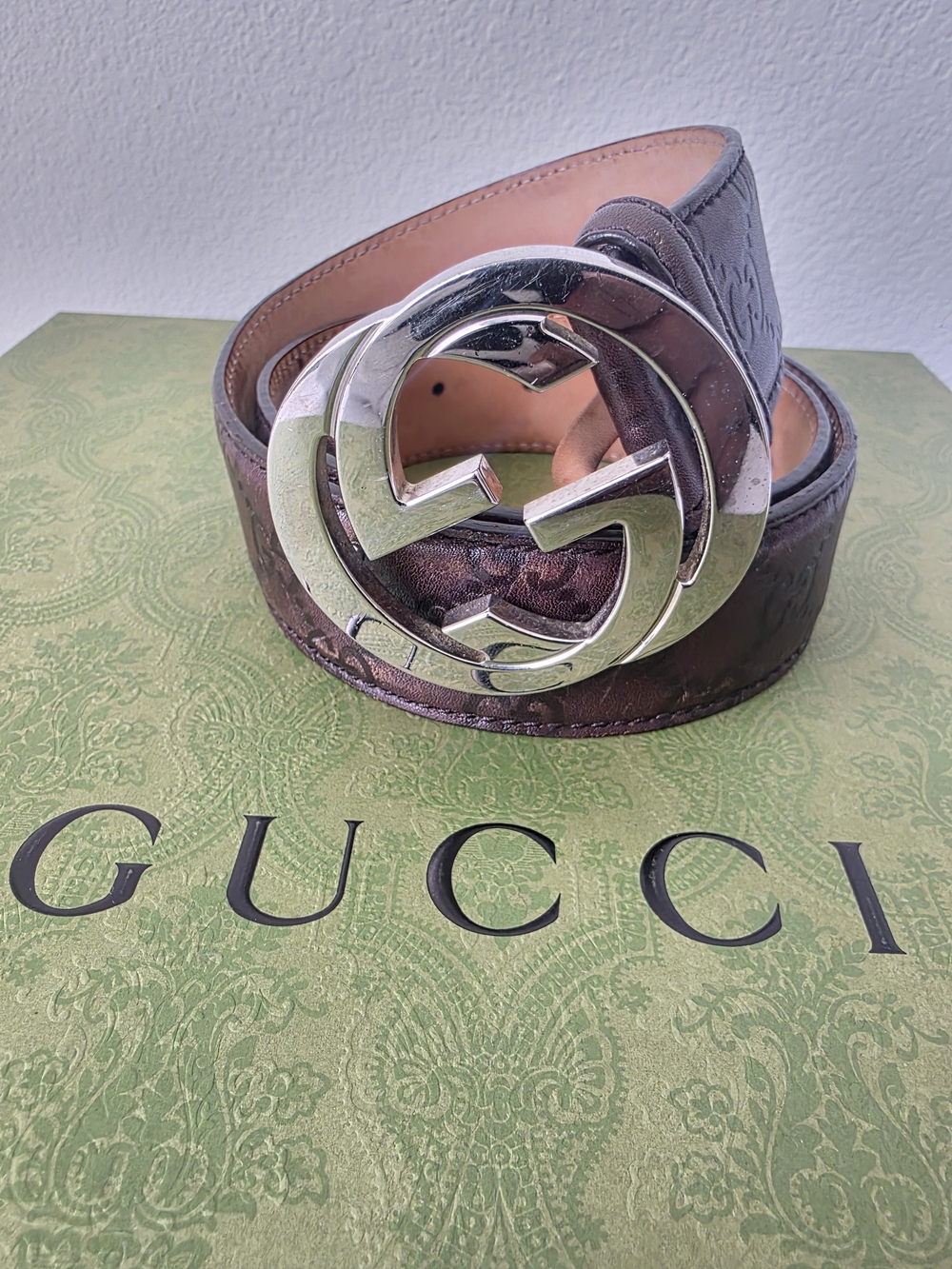 Auth Gucci Guccissima Double GG Leather Belt